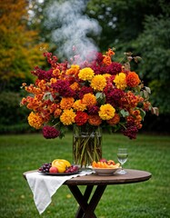 Colorful autumn flower arrangement with fruits on garden table  
