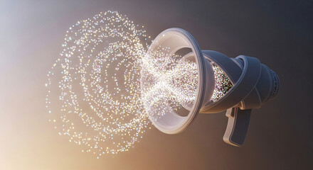 Digital Marketing and Communications with a Futuristic Megaphone Emitting Data Visualization of Light Particles with Dark Background