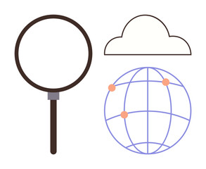 Magnifying glass beside cloud and globe with networked points depicting data search, global connection, cloud computing. Ideal for technology, research, internet, exploration, solutions, innovation