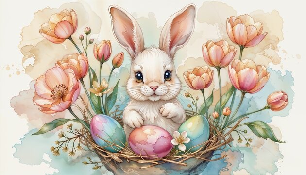 A cute Easter bunny in a nest with colorful eggs and spring flowers. Watercolor illustration for a holiday greeting card. Happy Easter celebration concept