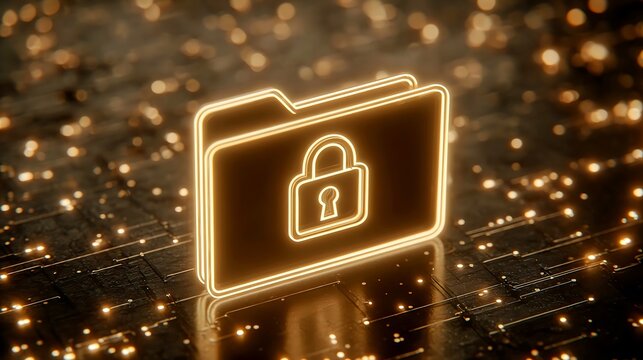 Glowing neon folder icon with padlock symbol representing digital security and data protection