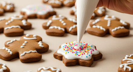 Gingerbread cookies decorated with icing and sprinkles on table  