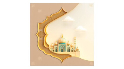 A 3D Islamic background with a stylish, golden-framed composition showcasing a vibrant, intricate mosque