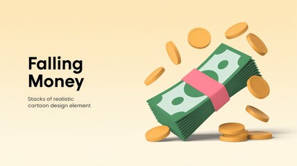 Stack of cash and falling coins symbolizing wealth and financial success