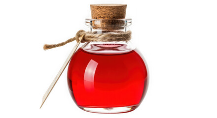 Small glass bottle with red liquid isolated on transparent background