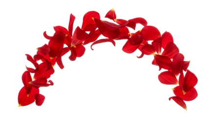 Vibrant red flower petals delicately arranged in a graceful arch, creating a beautiful and isolated natural design element on a crisp white background