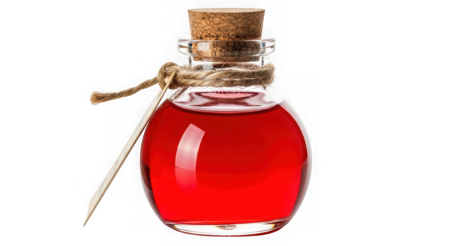 Small glass bottle with red liquid isolated on transparent background