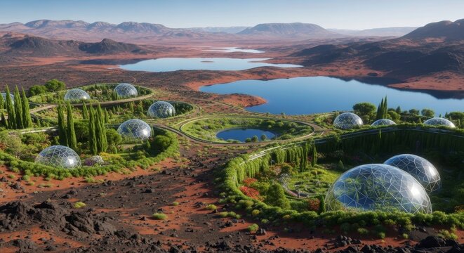 Dome-covered megacities and green settlements surround artificial lakes on a reddish Martian landscape under a sky with Phobos and Deimos in 3D render. Perfect for sci-fi terraforming or Mars coloniza