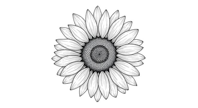Detailed Black and White Sunflower Illustration on Clean Background