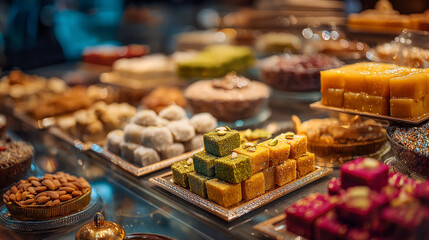 Fototapeta premium An assortment of colorful turkish delights and sweets displayed on silver trays