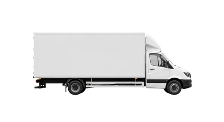 transparent commercial box truck, brand-new, perfect side profile, smooth, reflecting light, isolated on a seamless transparent background, studio lit, commercial vehicle branding mockup concept