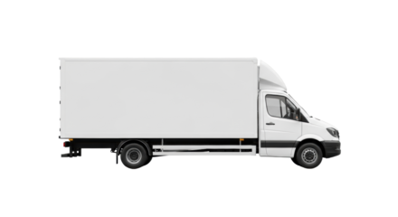 transparent commercial box truck, brand-new, perfect side profile, smooth, reflecting light, isolated on a seamless transparent background, studio lit, commercial vehicle branding mockup concept