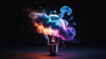 Explosion of vibrant color and light emanating from a glowing light bulb, symbolizing creativity and inspiration.