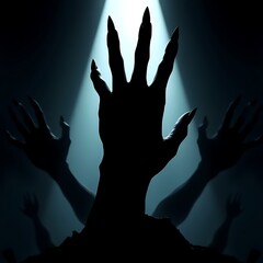 silhouette of hands in spotlight,Shadow overlay effect for halloween background with Terrifying scary hands with long nails,Creepy monster claw,silhouette of hands,zombie hand rising out of a graveyar
