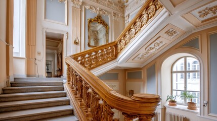 baroque staircase with carved wooden railing, ornate ceiling molding, antique mirror in golden frame, pastel walls, soft daylight from arched window