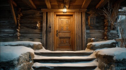 carved wooden alpine cottage door with snow on steps, lantern hanging above, warm light inside, cinematic depth