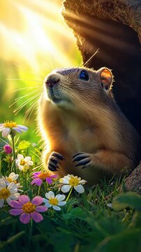 Marmot climbed out of the hole. Selective focus. Nature.