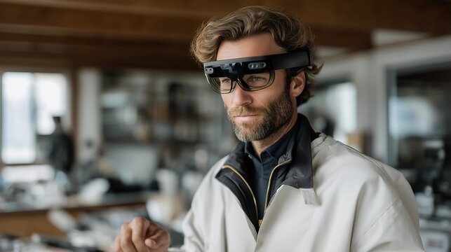 Engineer performing precision optical calibration using AR headset inside high-tech observatory, emotion of precision visible, representing smart instrumentation, AI calibration, and data-driven