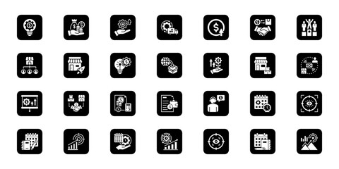 Market and sales strategy Cohesive set of minimalist vector icons representing key ideas with visual clarity