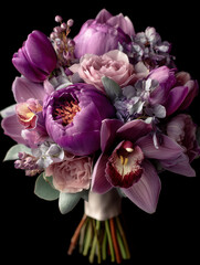lush bouquet of purple, pink, and lavender blooms with green foliage and white ribbon in elegant clustered composition