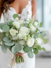 bridal bouquet of white roses and peonies with eucalyptus foliage held over lace wedding gown in soft natural composition