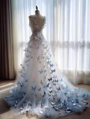 whimsical white gown with cascading blue and white butterfly appliqués and deep v-back displayed in soft window-lit composition