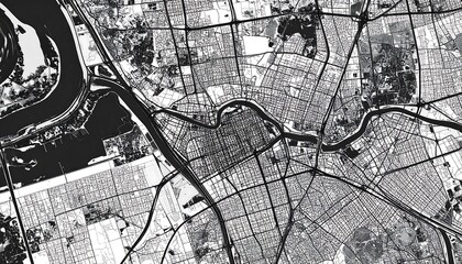 Bird's-eye view of a modern city grid with a winding river dissecting the landscape. Roads and buildings form a complex pattern