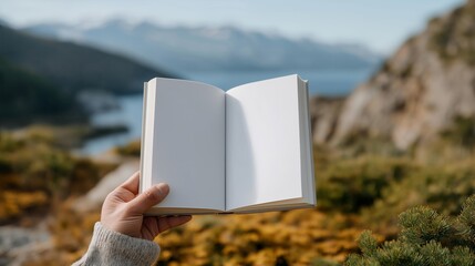 Photographer holding open white book mockup outdoors with blurred natural background — perfect for creative portfolio mockups, lifestyle branding templates, and author promotion visuals. cinematic