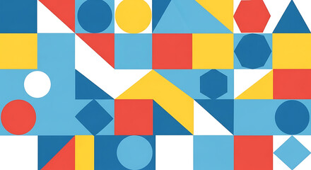 Geometric pattern with squares circles triangles and hexagons in blue red yellow and white