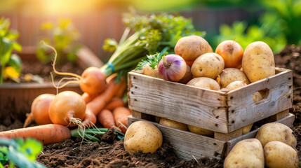 Freshly Harvested Potatoes, Onions, and Carrots in Rustic Wooden Crate on Organic Farm Soil with Sunlight, Promoting Healthy Eating and Sustainable Agriculture