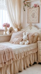 cottagecore kids room full view, pastel pink and cream, carved bed with ruffle blanket, plush bunny, lace curtains, embroidered wall decor