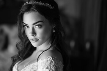 black and white bridal portrait with ornate headpiece, wavy hair, and decorative gown in softly blurred elegant composition