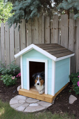 dog sitting inside light blue doghouse with white trim and shingled roof in lush garden with flowers and stone path