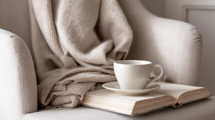 Cozy folded blanket and tea cup on linen armchair, book nearby, soft ambient lighting, tactile elegance and quiet rest