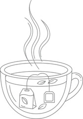 Steaming cup of herbal tea with brewing tea bags and leaves