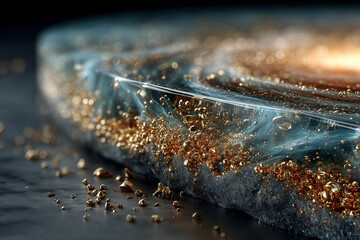 galactic resin disk with swirling blue and white patterns, glowing center, and embedded golden particles on dark reflective surface