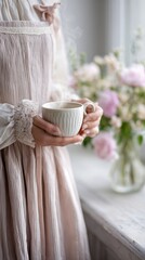 delicate hands holding porcelain coffee cup with steam, airy pleated dress and pastel apron, french boho kitchen, open window, soft light, flowers