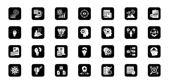 Time efficiency system   Cohesive set of minimalist vector icons representing key ideas with visual clarity