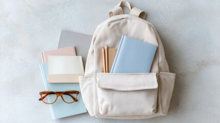 Flat lay of open school backpack with muted tone books and stationery inside, calm daylight, soft textured background in pastel beige and powder blue