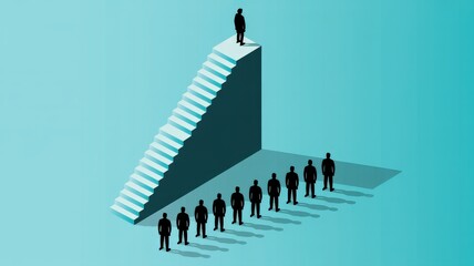 Lone figure stands triumphantly at the top of a staircase, casting a long shadow over a line of followers below.