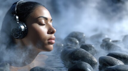 woman near Icelandic hot stream wearing neural headphones for meditation, steam rising, black stones, natural peace