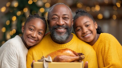Two cheerful girls embrace their father while he holds a beautifully decorated gift box. The warm atmosphere is enhanced by twinkling lights and a turkey, perfect for the holidays