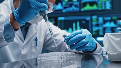 Professional scientist hand in blue glove pipetting liquid from a small vial into a multiwell plate during advanced laboratory experiment research and development - Powered by Adobe