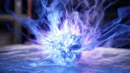 Sudden bright flash from exothermic chemical reaction in lab, vivid light explosion, shockwave captured mid air