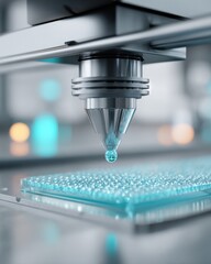 The nozzle of a 3D bioprinter releasing a precise droplet of biomaterial onto a forming tissue matrix, futuristic lab scene