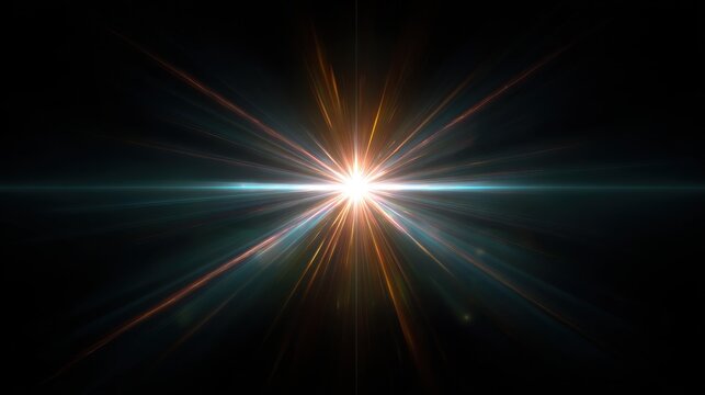 Commercial high-resolution photo of bright starburst lens flare with blue and orange light rays on black.