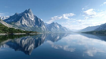 ultra realistic photo of majestic mountains reflected in calm lake, clear blue sky with soft clouds, natural landscape, , real photography