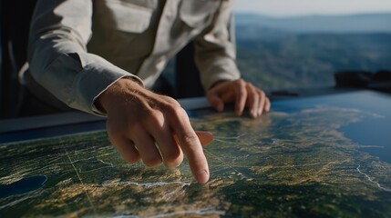 Close-up of analyst highlighting terrain features and environmental changes on digital satellite overlays, highlighting data-driven military research, AI-assisted geospatial analytics, and