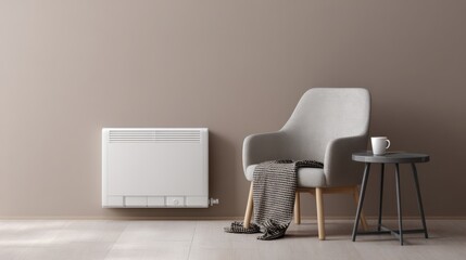 ultra realistic photo of modern minimalistic room with wall mounted electric convector, chair with folded plaid nearby, mug of tea on side table