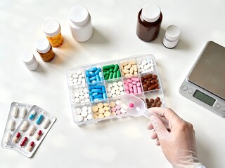 Pharmacist Sorting Pills with Plastic Scoop in a Clinical Setting